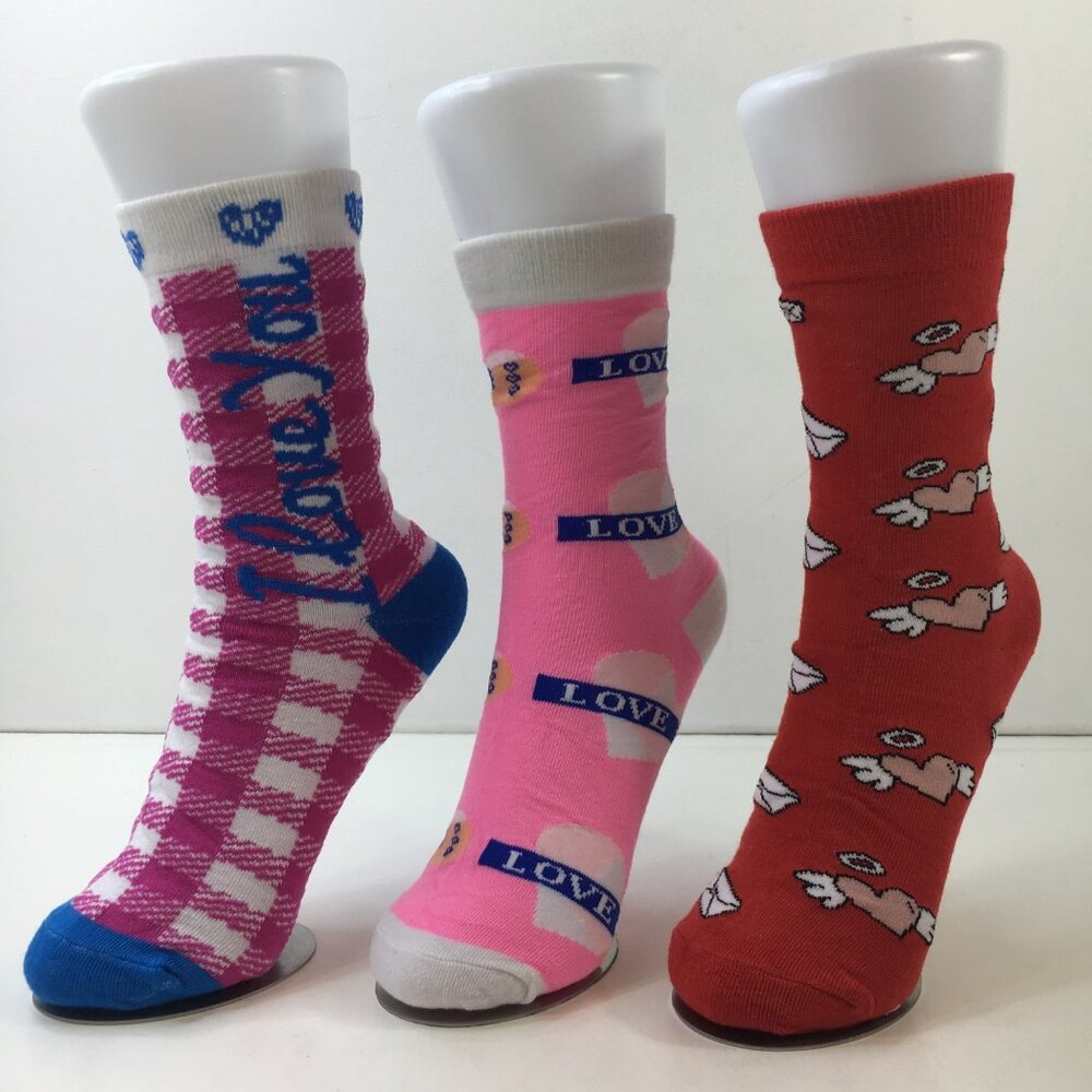 Womens Crew Socks Set 3 Valentines "I Love You" "Sweet Love" Pink Red Blue White